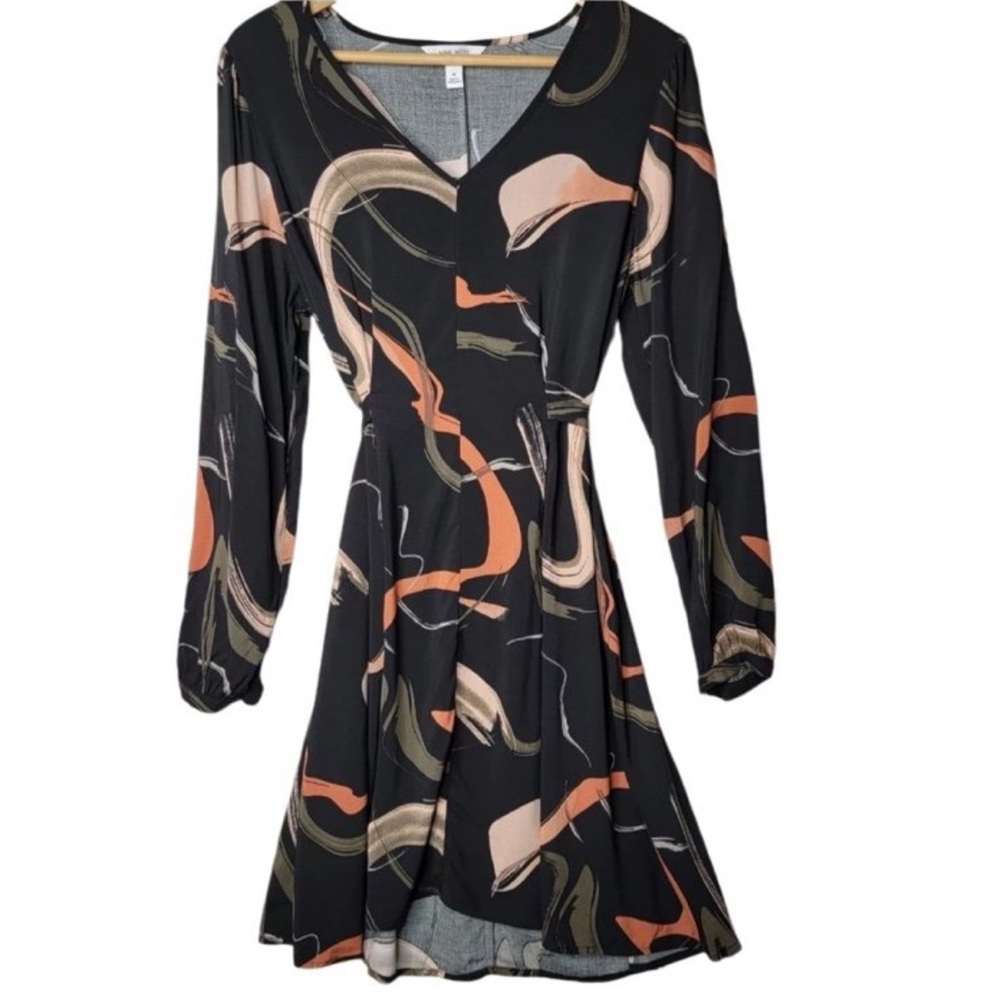 Nine West Short Black Belted Shift Dress Pink Coral Swirl Pattern Long Sleeve XL